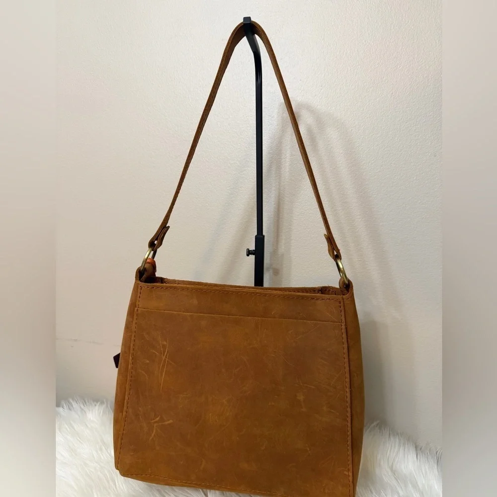 Portland Leather Tan Triangle Shoulder Bag with Charm